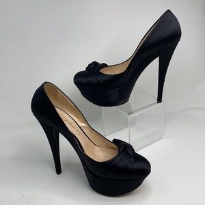 Casadei Sz 9 Black Satin Platform High Pumps Heels